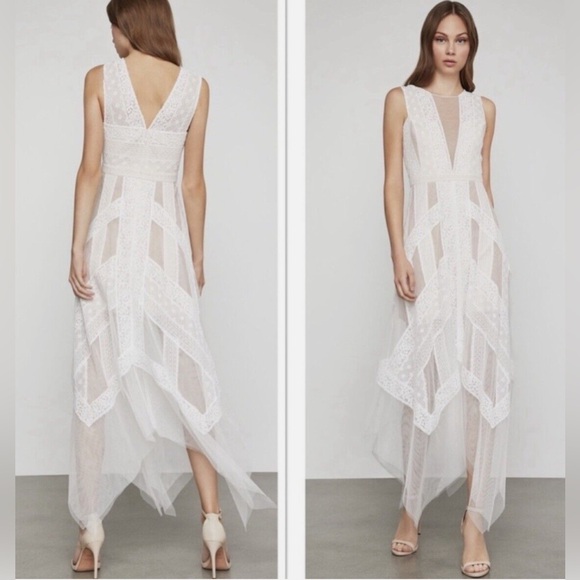 BCBG MAXAZARIA Andi Handkerchief Asymmetrical Lace Tulle Dress Off-White- Size 8 - Picture 1 of 13